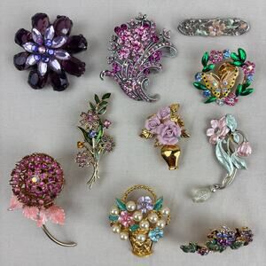 Floral Vintage Brooch Pin Lot - Rhinestone Crystal Pink Purple Butterfly